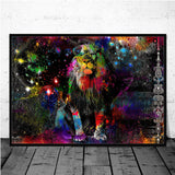 Toiles animaux sauvages colorées style graffiti. Tableau de lion, tigre, cerf, taureau, éléphant, girafe