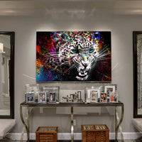 Toiles animaux sauvages colorées style graffiti. Tableau de lion, tigre, cerf, taureau, éléphant, girafe