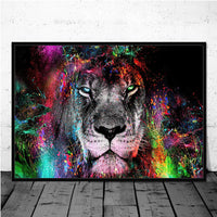 Toiles animaux sauvages colorées style graffiti. Tableau de lion, tigre, cerf, taureau, éléphant, girafe