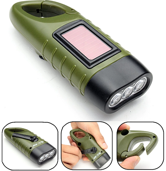 Lampe de poche solaire et à dynamo. Torche 3 LED d'urgence, rechargeable à manivelle avec mousqueton