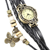 Montre vintage pour femme, avec bracelet multiple en cuir, et pendentif papillon
