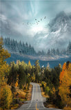Tableau paysage sur toile, nature avec route et forêt. Poster style nordique