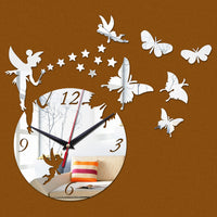 Horloge miroir murale DIY, design avec fée clochette, étoiles et papillons