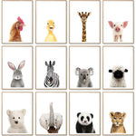 Posters de bébés animaux mignons en couleur. Peintures imprimées sur toiles. Mouton, cochon, canard, poule, éléphant, zèbre