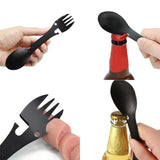 Outil multifonction : cuillère, fourchette, couteau, décapsuleur