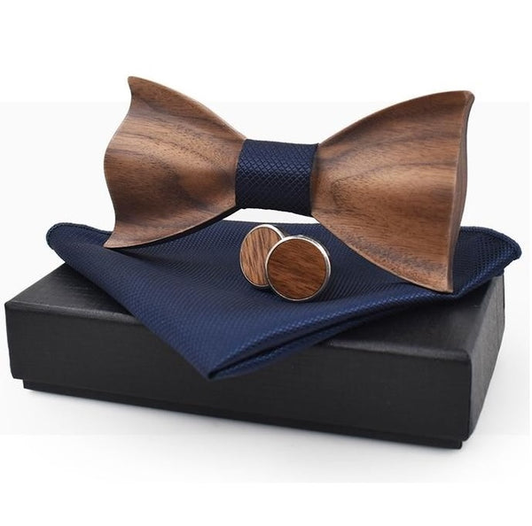 Nœud papillon en bois ondulé original + 2 boutons de manchette
