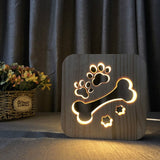 Lampe LED design, sculptée en bois. Veilleuse USB patte de chien chat, animaux