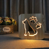 Lampe LED design, sculptée en bois. Veilleuse USB patte de chien chat, animaux