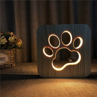 Lampe LED design, sculptée en bois. Veilleuse USB patte de chien chat, animaux