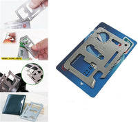 Carte outils multifonctions. Format carte de crédit en acier inoxydable, couteau, clés, décapsuleur, règle etc