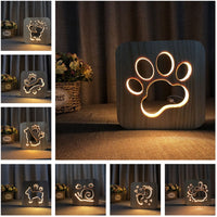 Lampe LED design, sculptée en bois. Veilleuse USB patte de chien chat, animaux