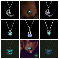 Collier avec pendentif lumineux dans le noir, lune, cœur, chouette, patte de chien