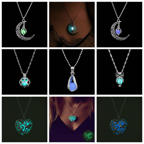 Collier avec pendentif lumineux dans le noir, lune, cœur, chouette, patte de chien