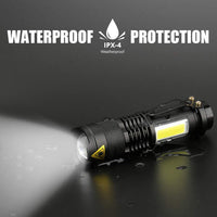 Mini lampe LED de poche 3800LM double éclairage, frontal et latéral. Torche waterproof à pile AA