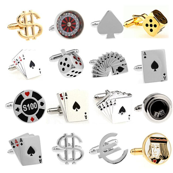 Boutons de manchettes Cartes Poker, Dollar, Euro, roulette, jeton, dés, dominos