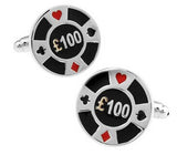 Boutons de manchettes Cartes Poker, Dollar, Euro, roulette, jeton, dés, dominos