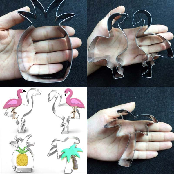 4 Emportes pièces en forme de flamants roses, cocotier palmier, ananas