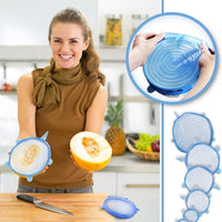 6 couvercles enveloppants réutilisables. Emballage en silicone pour conserver les aliments