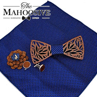 Coffret nœud papillon en bois avec boutons de manchettes, fleur, tissu assorti