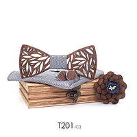 Coffret nœud papillon en bois avec boutons de manchettes, fleur, tissu assorti