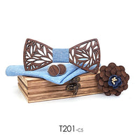 Coffret nœud papillon en bois avec boutons de manchettes, fleur, tissu assorti