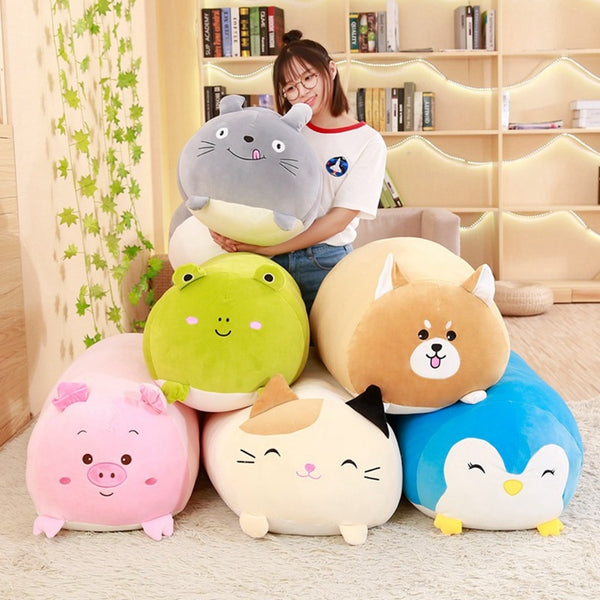Coussins peluches poufs animaux (chat chien pingouin cochon)