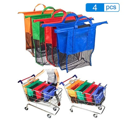 4 sacs réutilisables multicolores adaptables au caddie pour faire les courses !