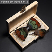 Nœud papillon en plumes d'oiseaux naturelles, coffret en bois avec broche épingle