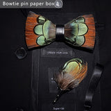 Nœud papillon en plumes d'oiseaux naturelles, coffret en bois avec broche épingle