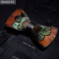 Nœud papillon en plumes d'oiseaux naturelles, coffret en bois avec broche épingle