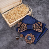 Coffret nœud papillon en bois avec boutons de manchettes, fleur, tissu assorti
